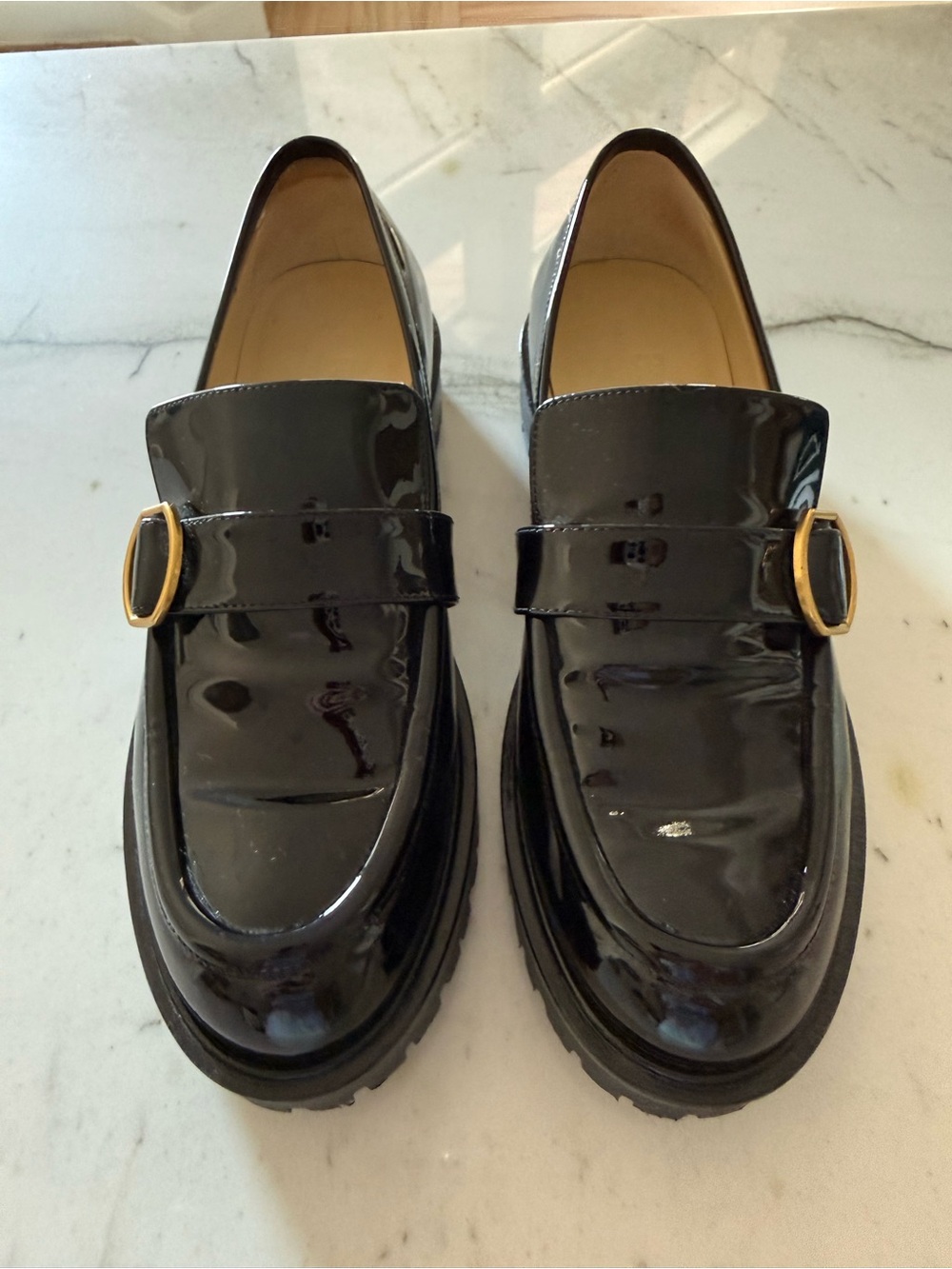 Banana Republic Black Patent Loafers with Gold Buckle Accent